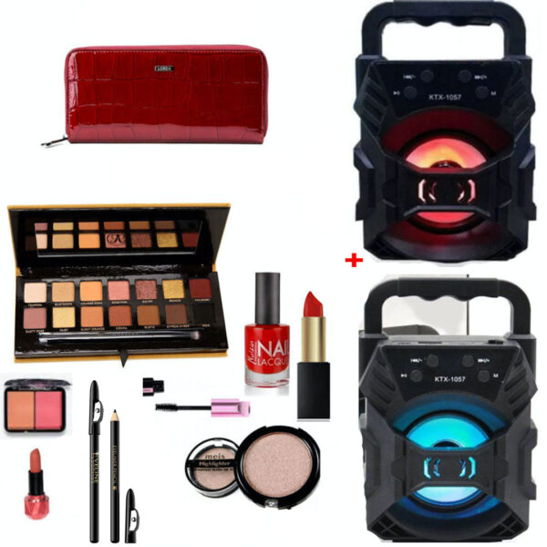 Set 2 Boxe, Bluetooth, Radio FM, usb, stick, card, aux, leduri + Set Complet Make-up + Cadou Portofel Piele ecologica!
