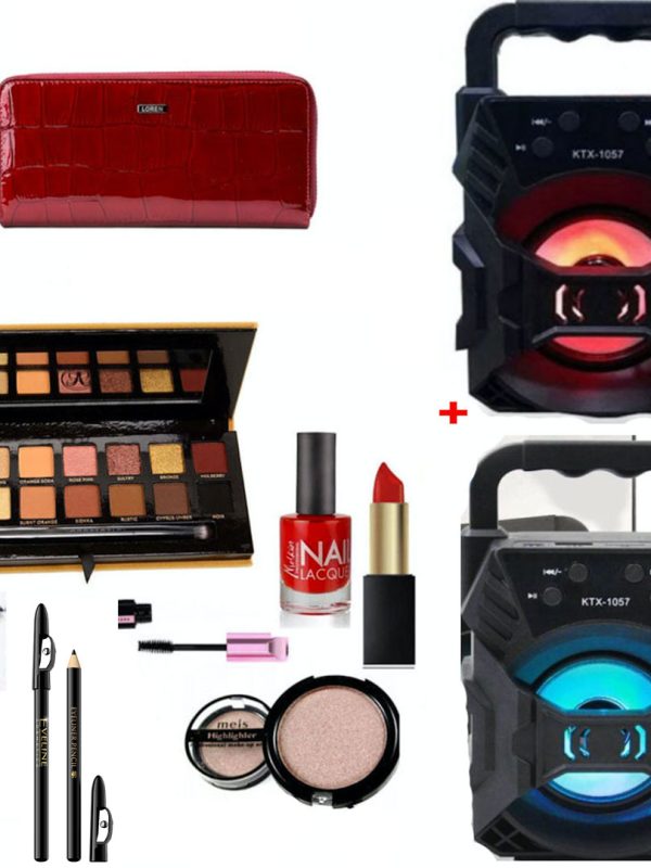 Set 2 Boxe, Bluetooth, Radio FM, usb, stick, card, aux, leduri + Set Complet Make-up + Cadou Portofel Piele ecologica!