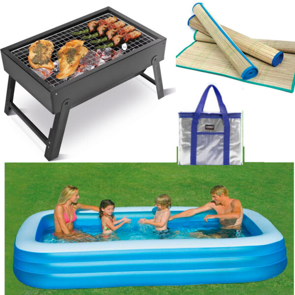 Piscina gonflabila JRH, 2 inele Family Pool, dreptunghiulara, 201x150x51cm + Rogojina de plaja din bambus + Gratar BBQ pliabil, carbuni + Cadou o geanta frigorifica!