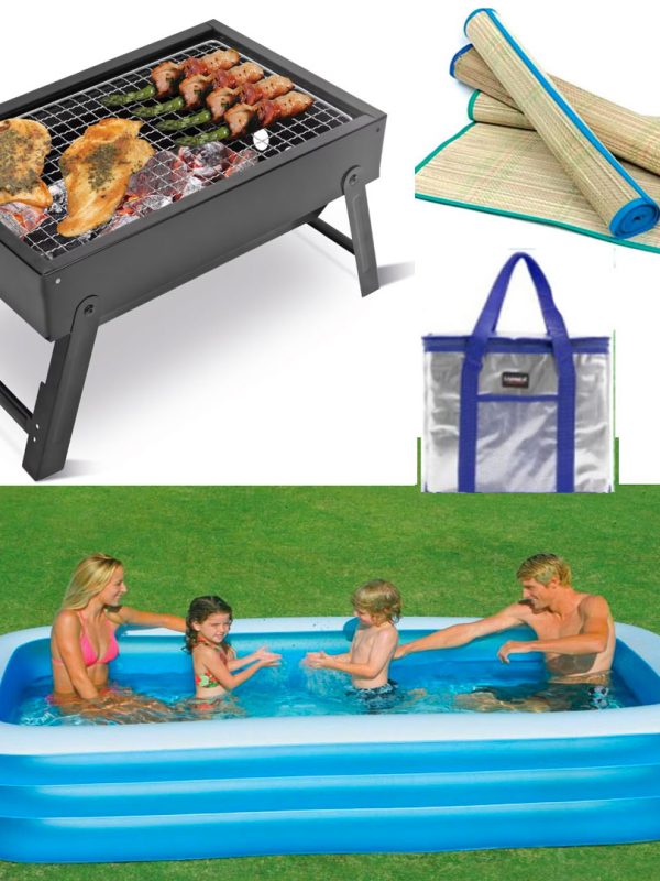 Piscina gonflabila JRH, 2 inele Family Pool, dreptunghiulara, 201x150x51cm + Rogojina de plaja din bambus + Gratar BBQ pliabil, carbuni + Cadou o geanta frigorifica!
