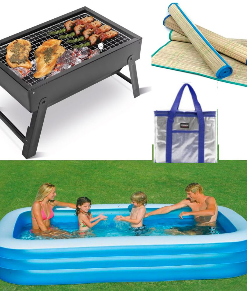 Piscina gonflabila JRH, 2 inele Family Pool, dreptunghiulara, 201x150x51cm + Rogojina de plaja din bambus + Gratar BBQ pliabil, carbuni + Cadou o geanta frigorifica!