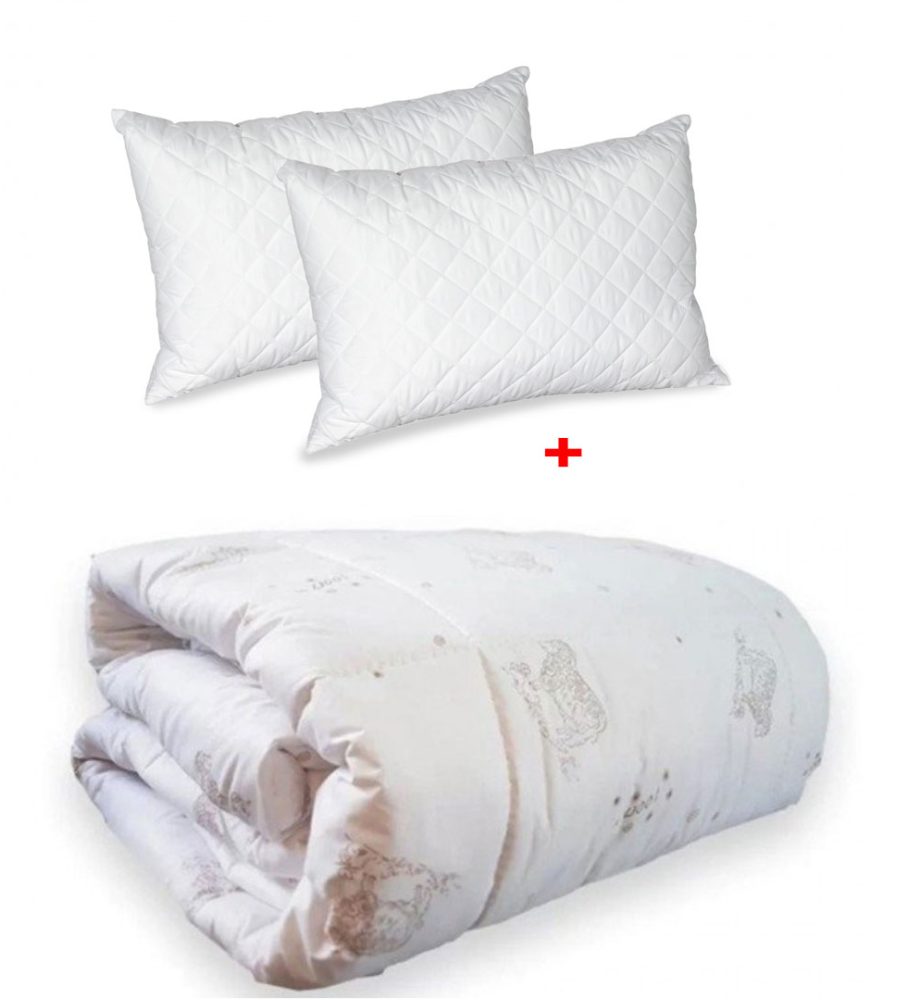 Pilota iarna din lana 100%, 180x210cm, pentru pat dublu + Set 2 perne din puf siliconat 50x70 cm!