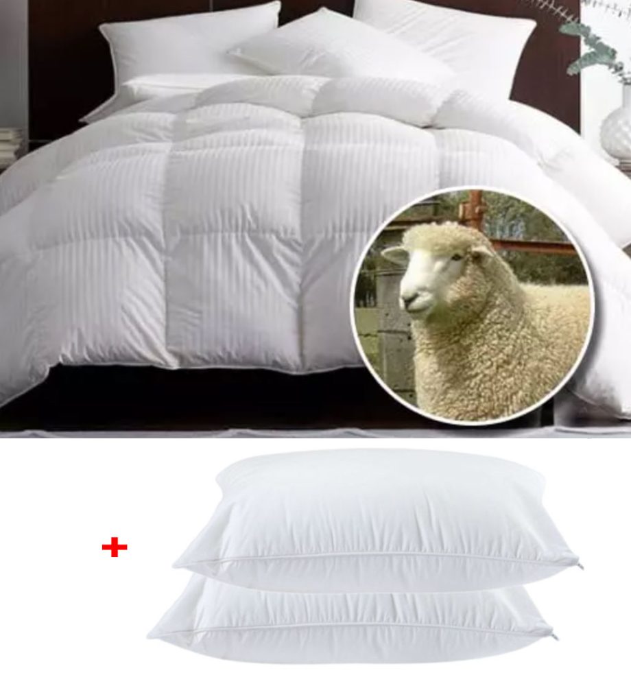 Pilota iarna din lana 100%, 180x210cm, pentru pat dublu + Set 2 perne din puf siliconat 50x70 cm!