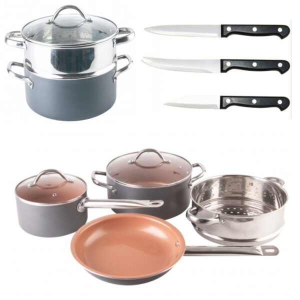 Set 6 piese, Grunberg Germania din aluminiu cu invelis antiaderent, cu ceramica si titan, vas de gatit la abur + Set 3 cutite Cadou!