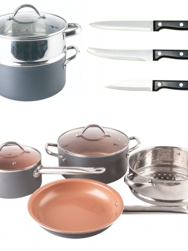 Set 6 piese, Grunberg Germania din aluminiu cu invelis antiaderent, cu ceramica si titan, vas de gatit la abur + Set 3 cutite Cadou!