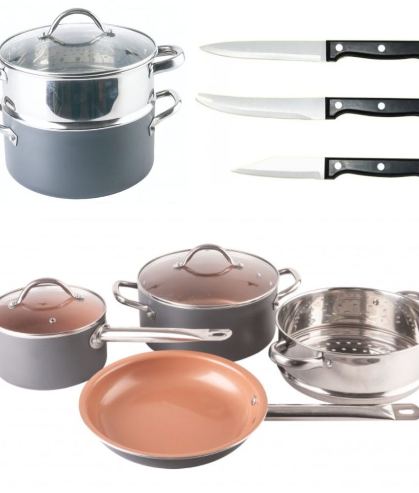 Set 6 piese, Grunberg Germania din aluminiu cu invelis antiaderent, cu ceramica si titan, vas de gatit la abur + Set 3 cutite Cadou!