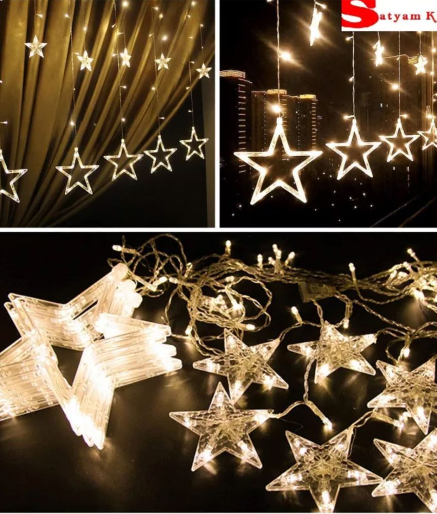 Perdea luminoasa ploaie de stele S32, Lungime 3,7m, 12 stele, led, lumina alb cald, 6 moduri de luminare, controller