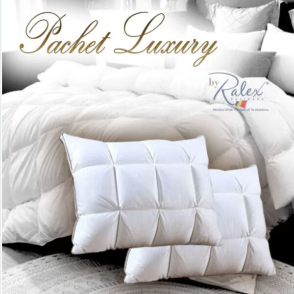 Pachet Luxury: Pilota puf de gasca, 200x230cm + 2 Perne puf de gasca, husa bumbac 100%, calitatea I