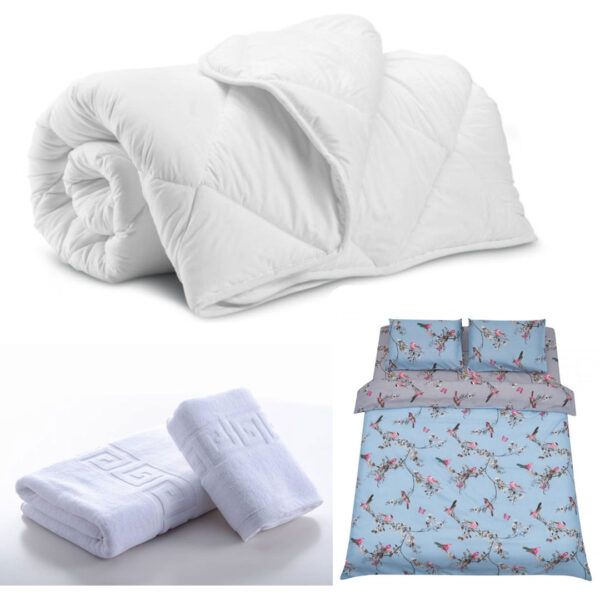 Pilota Confort, 180/210cm, 200g, alba + Lenjerie de pat king size, Birds + Set 2 prosoape bumbac, model Greek, 500g, 50x90cm