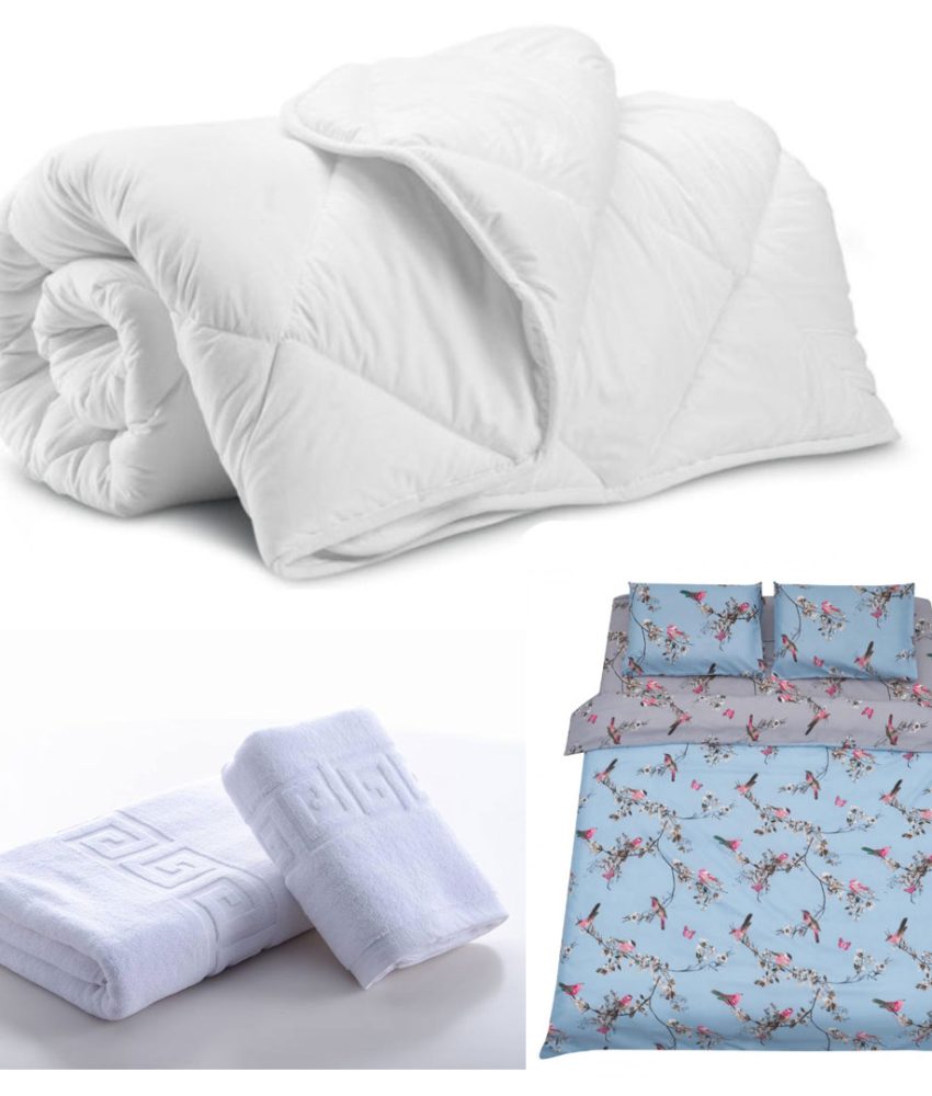 Pilota Confort, 180/210cm, 200g, alba + Lenjerie de pat king size, Birds + Set 2 prosoape bumbac, model Greek, 500g, 50x90cm