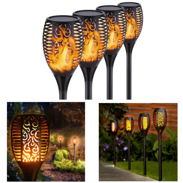 Set 4 lampi solare led, pentru gradina, tip torta, cu efect flacara, senzor, lumina calda, 58cm, XF 6018