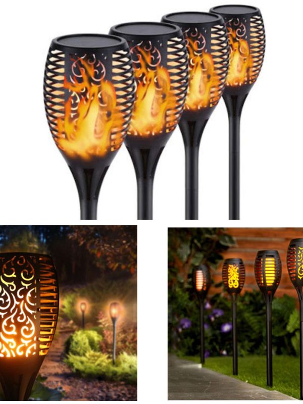Set 4 lampi solare led, pentru gradina, tip torta, cu efect flacara, senzor, lumina calda, 58cm, XF 6018