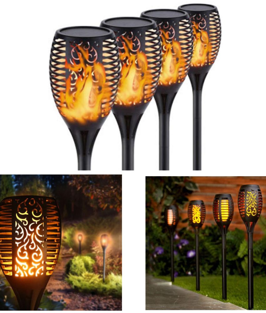 Set 4 lampi solare led, pentru gradina, tip torta, cu efect flacara, senzor, lumina calda, 58cm, XF 6018