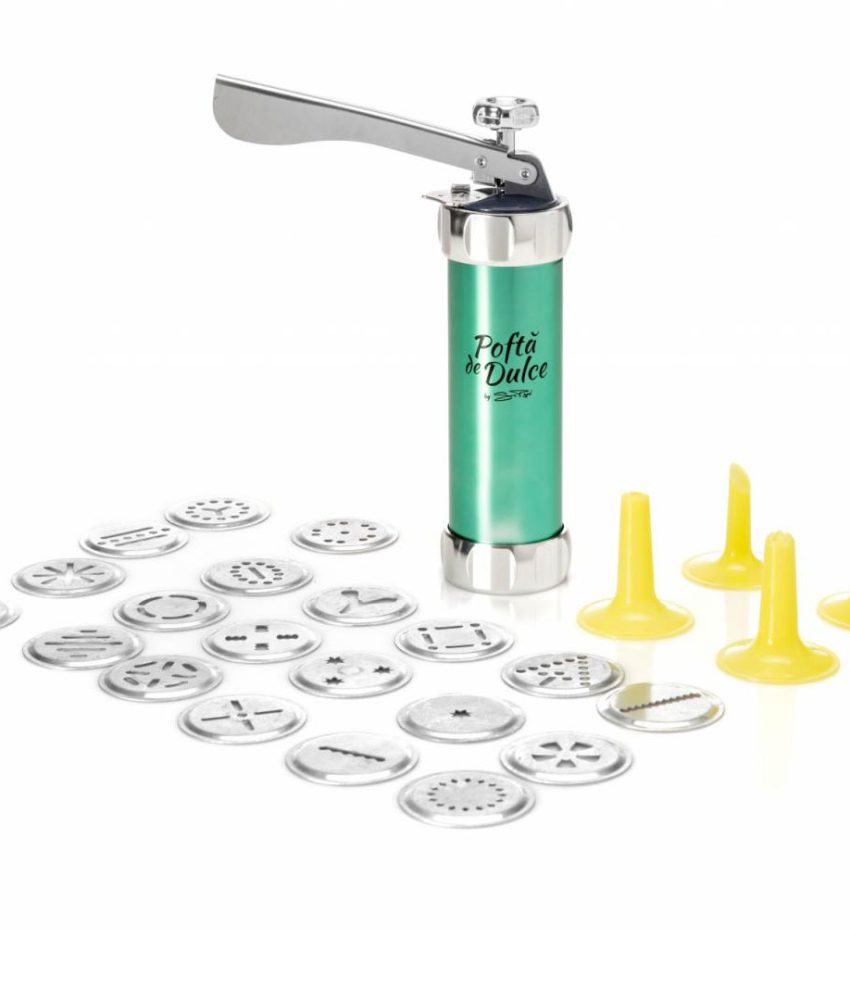 Set Patiserie! Tava de copt 38x25x1.5cm + Aparat pentru biscuiti/fursecuri, 24 accesorii, inox/plastic + Tel silicon, 29cm + Cadou Set 4 forme biscuiti Joy, Simona Pope, Heinner!