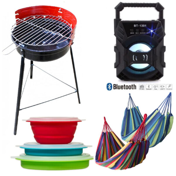 Gratar portabil carbuni, negru cu rosu, grill + Hamac columbian multicolor 80x200 cm + Set 3 vase pliabile cu capace etans + Cadou Boxa bluetooth!