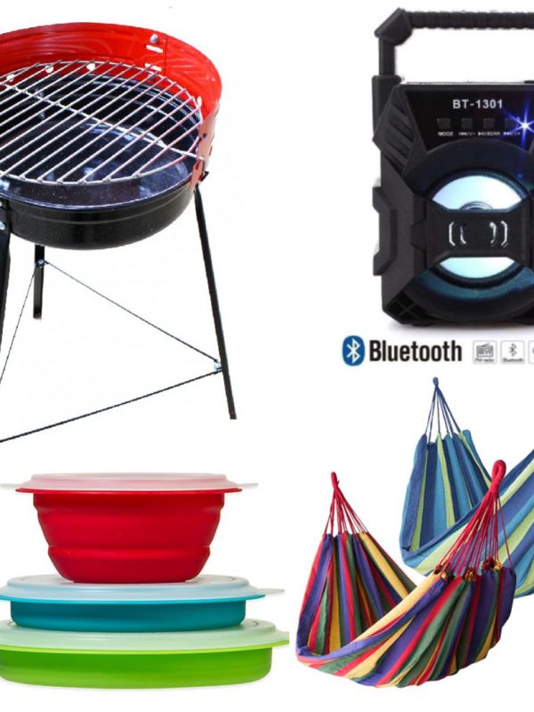 Gratar portabil carbuni, negru cu rosu, grill + Hamac columbian multicolor 80x200 cm + Set 3 vase pliabile cu capace etans + Cadou Boxa bluetooth!
