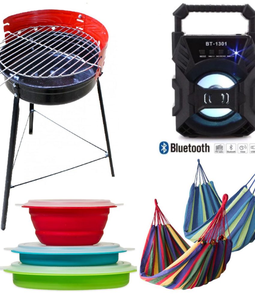 Gratar portabil carbuni, negru cu rosu, grill + Hamac columbian multicolor 80x200 cm + Set 3 vase pliabile cu capace etans + Cadou Boxa bluetooth!