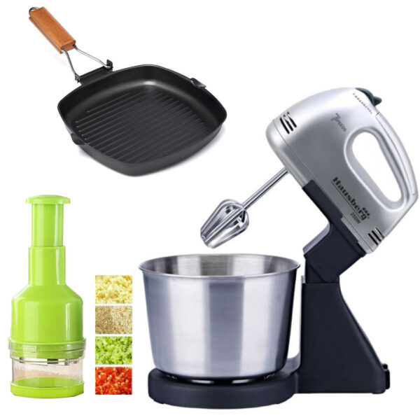 Mixer Cu Bol Hausberg HB-3551NG, 7 viteze, putere 250W, bol din inox de 2 l + Tigaie grill Delis Vanora Home + Cadou Chopper legume/fructe