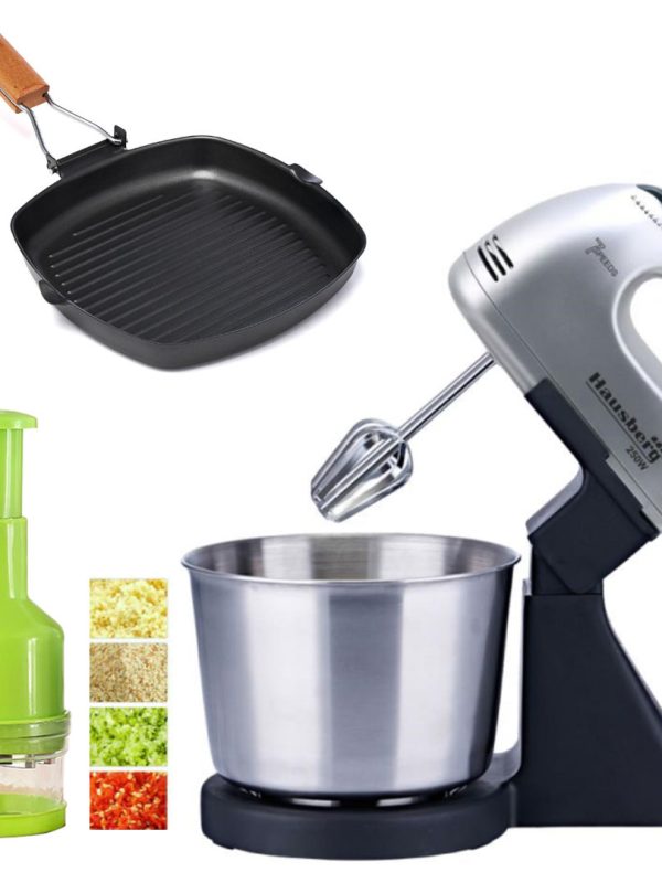 Mixer Cu Bol Hausberg HB-3551NG, 7 viteze, putere 250W, bol din inox de 2 l + Tigaie grill Delis Vanora Home + Cadou Chopper legume/fructe