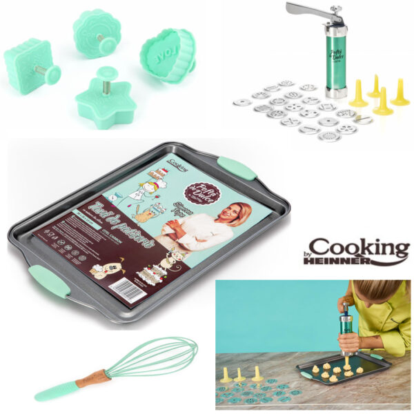 Set Patiserie! Tava de copt 38x25x1.5cm + Aparat pentru biscuiti/fursecuri, 24 accesorii, inox/plastic + Tel silicon, 29cm + Cadou Set 4 forme biscuiti Joy, Simona Pope, Heinner!