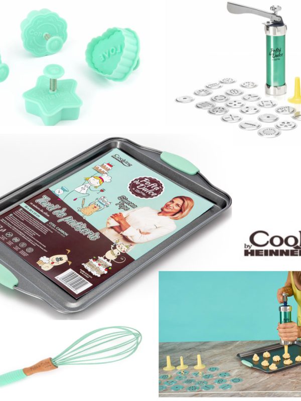Set Patiserie! Tava de copt 38x25x1.5cm + Aparat pentru biscuiti/fursecuri, 24 accesorii, inox/plastic + Tel silicon, 29cm + Cadou Set 4 forme biscuiti Joy, Simona Pope, Heinner!