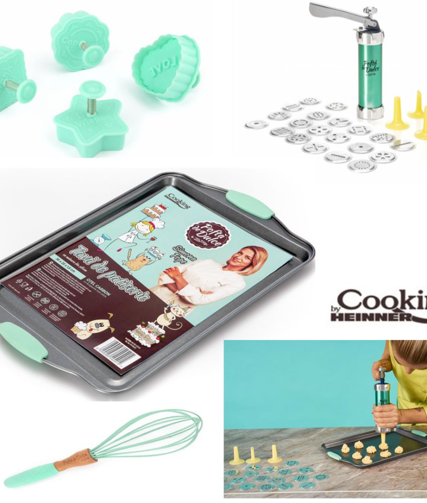 Set Patiserie! Tava de copt 38x25x1.5cm + Aparat pentru biscuiti/fursecuri, 24 accesorii, inox/plastic + Tel silicon, 29cm + Cadou Set 4 forme biscuiti Joy, Simona Pope, Heinner!
