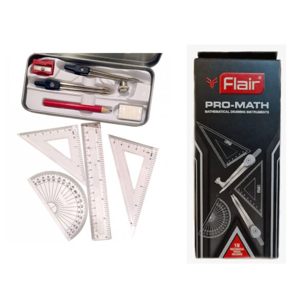 Trusa completa geometrie, 10 piese: compas, 3x echer, raportor, creion, ascutitoare, radiera, rigla, creion mecanic cu rezerve