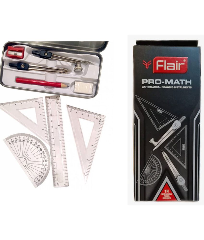 Trusa completa geometrie, 10 piese: compas, 3x echer, raportor, creion, ascutitoare, radiera, rigla, creion mecanic cu rezerve