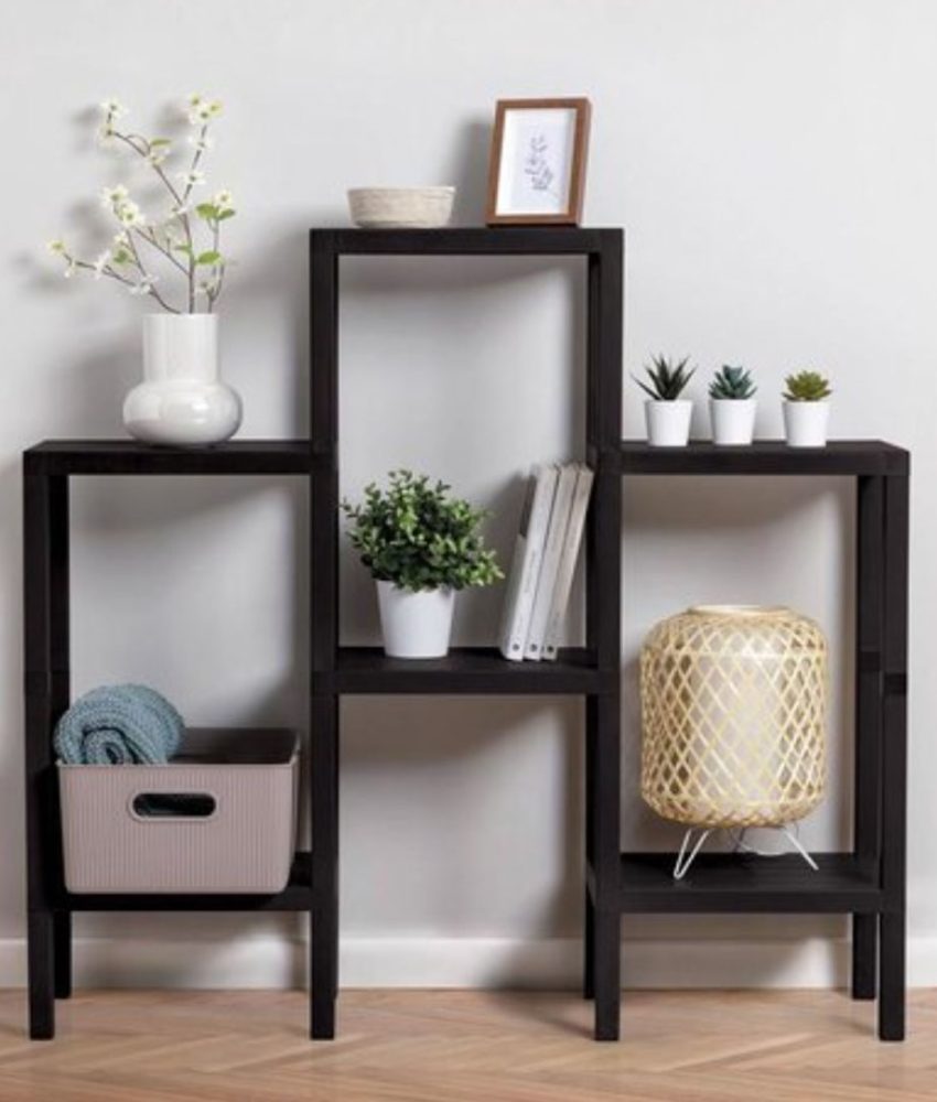 Etajera Ombeg, 3 module, 6 polite, aspect lemn, maro/gri