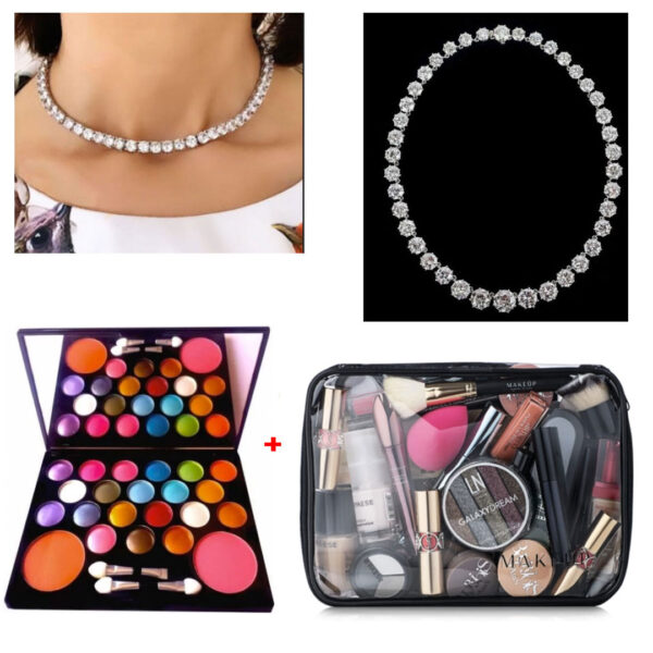 Colier tennis placat cu aur si zirconii + Geanta cosmetice Visible Bag, complet echipata cu machiaje!