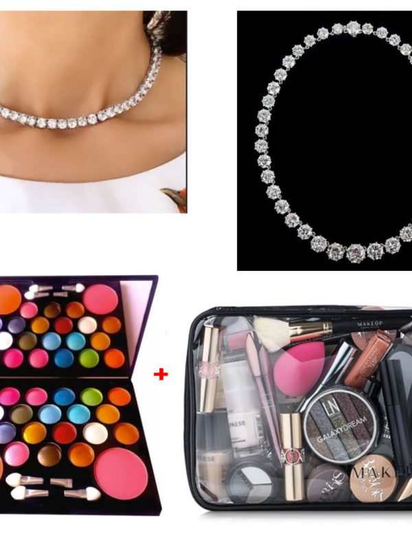 Colier tennis placat cu aur si zirconii + Geanta cosmetice Visible Bag, complet echipata cu machiaje!