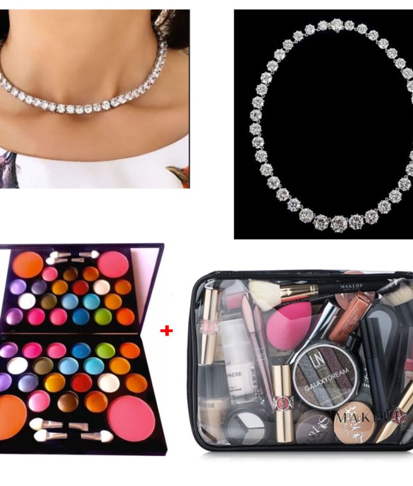 Colier tennis placat cu aur si zirconii + Geanta cosmetice Visible Bag, complet echipata cu machiaje!