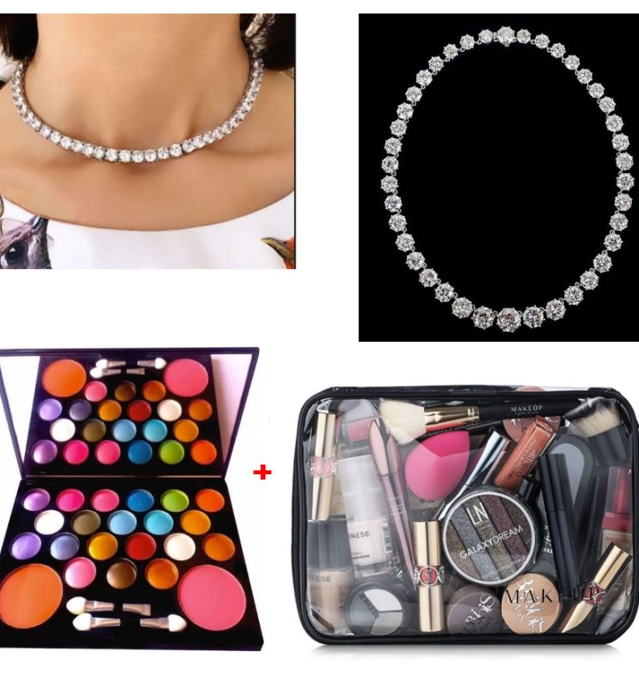 Colier tennis placat cu aur si zirconii + Geanta cosmetice Visible Bag, complet echipata cu machiaje!