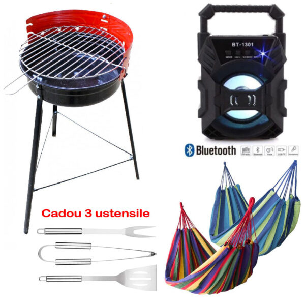 Gratar Portabil Carbuni, Negru Cu Rosu, Grill + Hamac Columbian Multicolor 80x200 cm + Ustensile Gratar + Cadou Boxa Bluetooth!