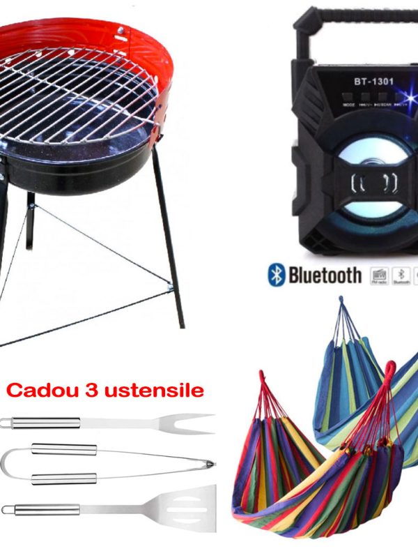 Gratar Portabil Carbuni, Negru Cu Rosu, Grill + Hamac Columbian Multicolor 80x200 cm + Ustensile Gratar + Cadou Boxa Bluetooth!