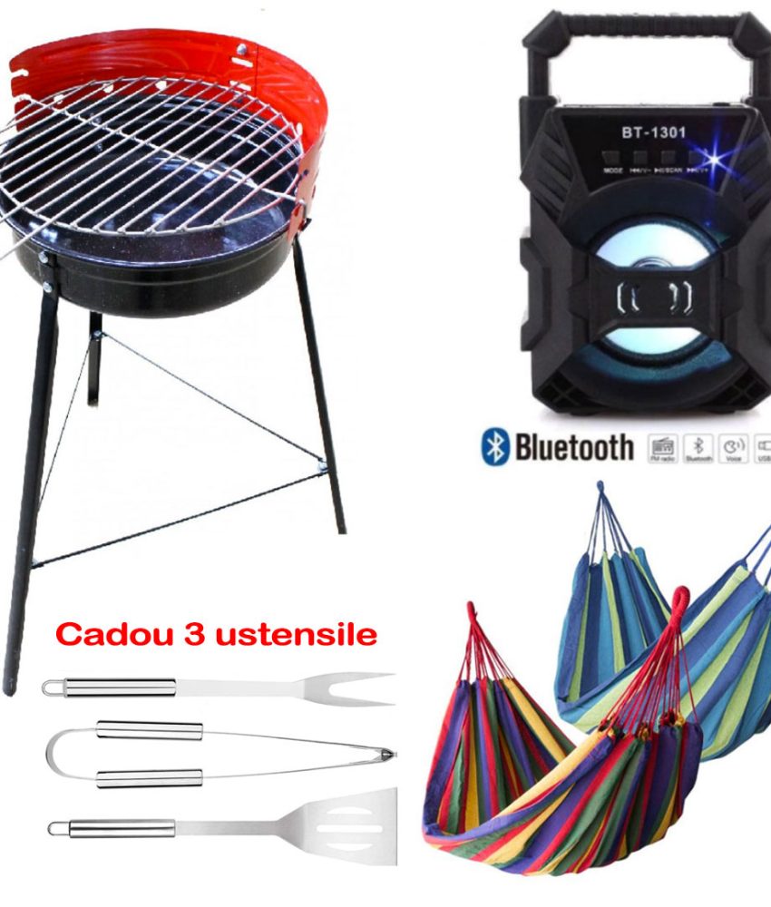 Gratar Portabil Carbuni, Negru Cu Rosu, Grill + Hamac Columbian Multicolor 80x200 cm + Ustensile Gratar + Cadou Boxa Bluetooth!