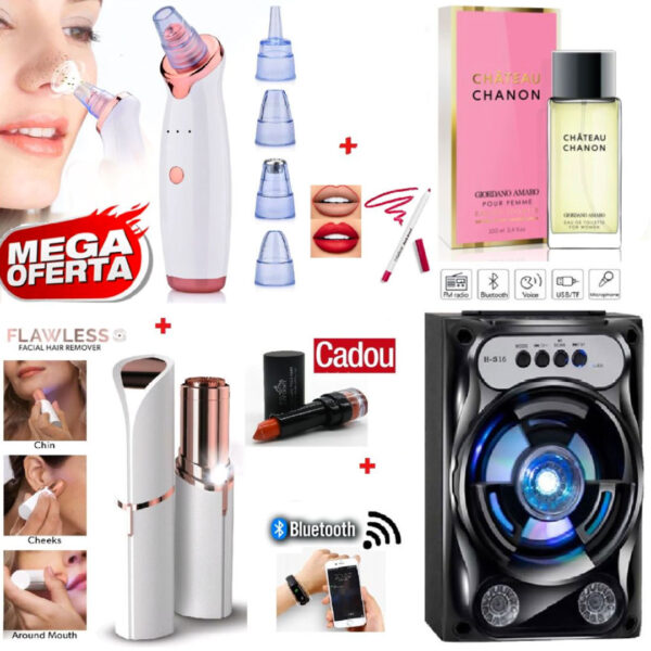Aparat Vacuum Presure Cleaner pentru curatarea tenului + Epilator facial hipoalergenic Flawless + Boxa portabila cu Bluetooth, usb, radio, stick, leduri + Parfum frantuzesc + Cadou ruj si creion contur buze