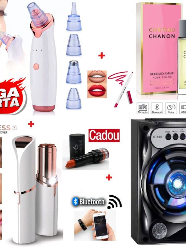 Aparat Vacuum Presure Cleaner pentru curatarea tenului + Epilator facial hipoalergenic Flawless + Boxa portabila cu Bluetooth, usb, radio, stick, leduri + Parfum frantuzesc + Cadou ruj si creion contur buze