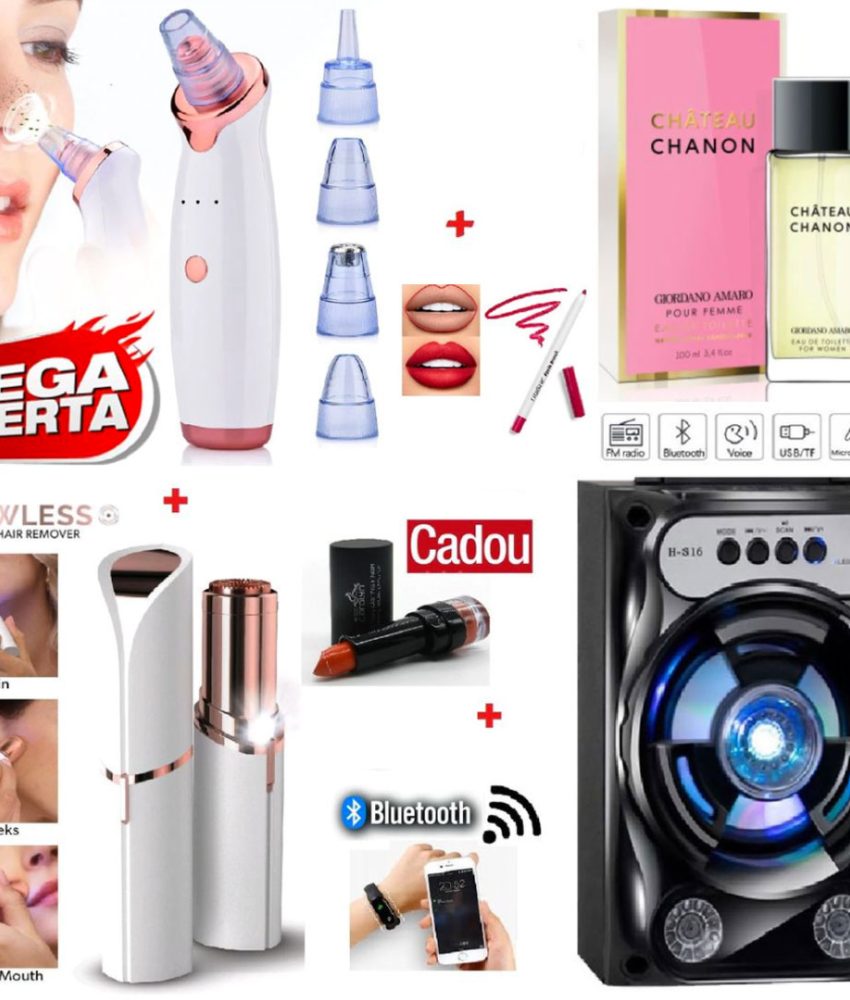 Aparat Vacuum Presure Cleaner pentru curatarea tenului + Epilator facial hipoalergenic Flawless + Boxa portabila cu Bluetooth, usb, radio, stick, leduri + Parfum frantuzesc + Cadou ruj si creion contur buze