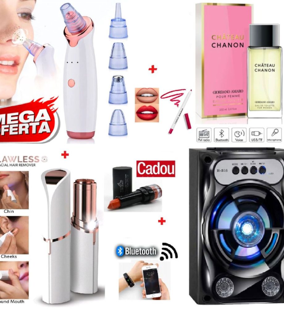 Aparat Vacuum Presure Cleaner pentru curatarea tenului + Epilator facial hipoalergenic Flawless + Boxa portabila cu Bluetooth, usb, radio, stick, leduri + Parfum frantuzesc + Cadou ruj si creion contur buze