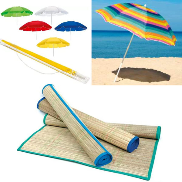 Umbrela De Plaja, Diametru 160cm, Multicolor + Rogojina pentru plaja, bambus, 180x60cm