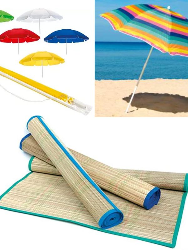 Umbrela De Plaja, Diametru 160cm, Multicolor + Rogojina pentru plaja, bambus, 180x60cm