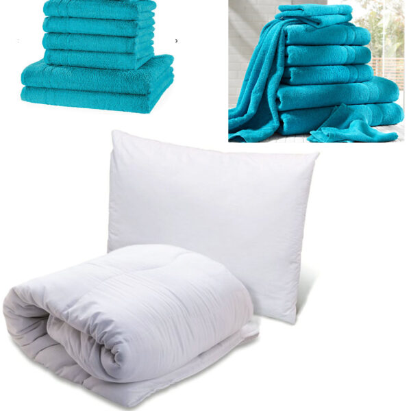 Set Eco pentru o persoana: Pilota Alba 140x200cm + 1 Perna Alba 50x70cm + Cadou Set 4 Prosoape baie bumbac 100%