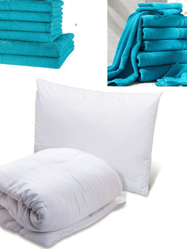 Set Eco pentru o persoana: Pilota Alba 140x200cm + 1 Perna Alba 50x70cm + Cadou Set 4 Prosoape baie bumbac 100%