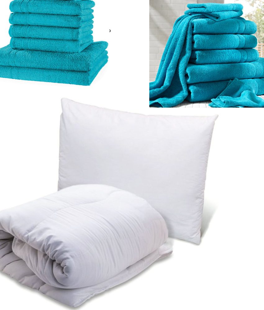 Set Eco pentru o persoana: Pilota Alba 140x200cm + 1 Perna Alba 50x70cm + Cadou Set 4 Prosoape baie bumbac 100%