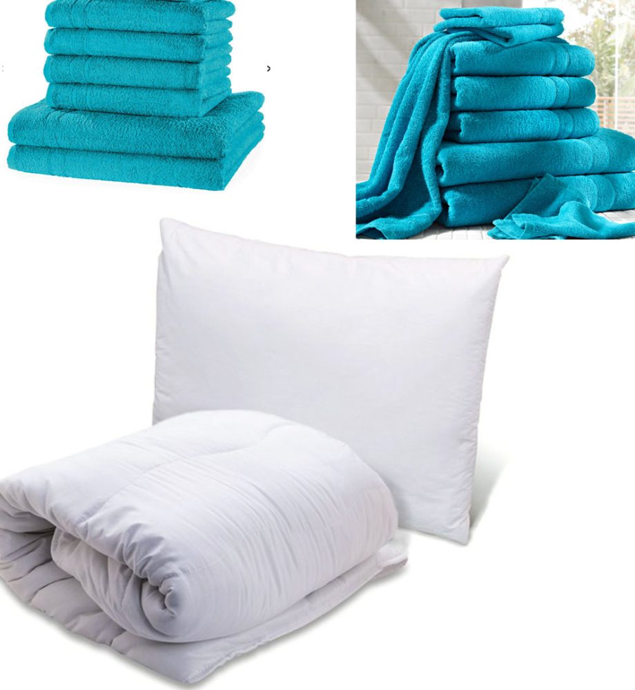 Set Eco pentru o persoana: Pilota Alba 140x200cm + 1 Perna Alba 50x70cm + Cadou Set 4 Prosoape baie bumbac 100%