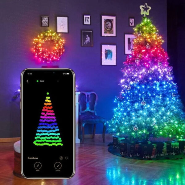 Brad artificial 2,10m + kit luminos din fibra optica, joc de lumini, multicolor, bluetooth - conectare la telefon prin aplicatie
