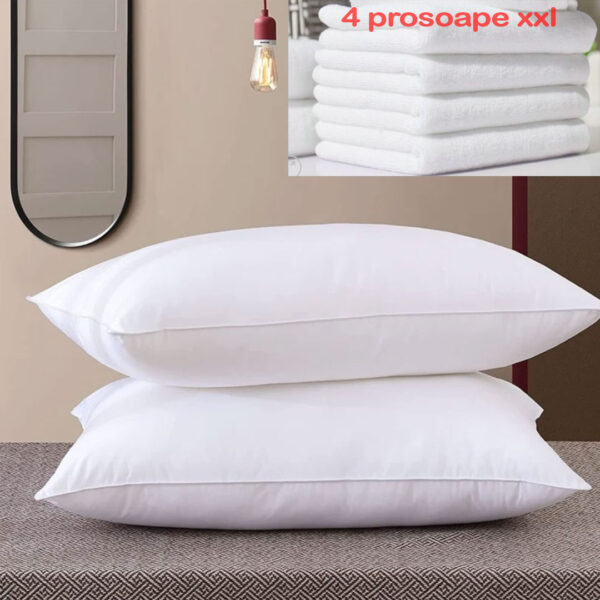 Set 2 perne puf de gasca, husa din tesatura bumbac, 50x70cm + Set 4 prosoape de baie, bumbac, Eco Line, 50x100cm, albe sau colorate
