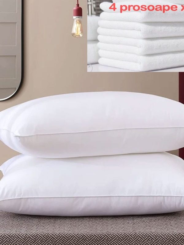 Set 2 perne puf de gasca, husa din tesatura bumbac, 50x70cm + Set 4 prosoape de baie, bumbac, Eco Line, 50x100cm, albe sau colorate