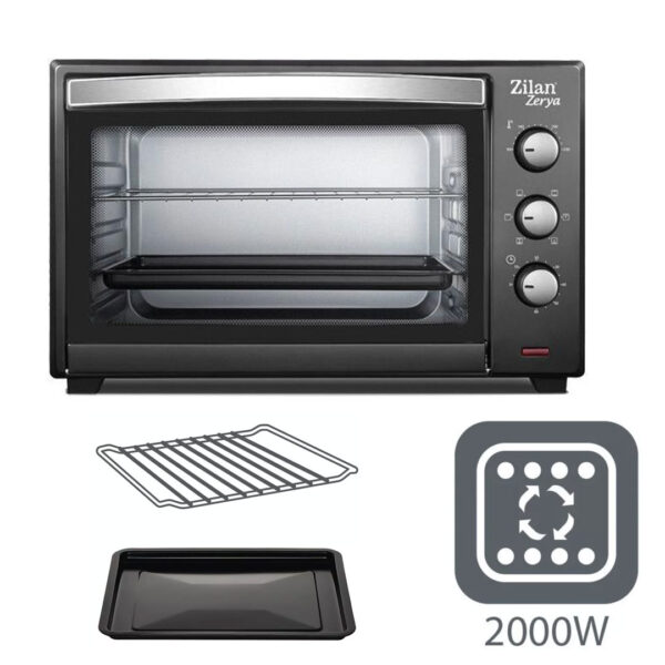 Cuptor electric cu ventilator ZILAN ZLN-3727 Negru, Capacitate 45L, Putere 2000W, Geam dublu, Temporizator 90 min, Temperatura maxima 230 grade celsius